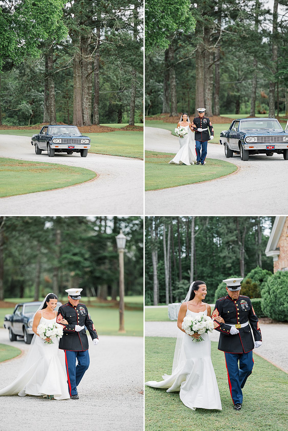 Ceremony with father and bride arriving in a vintage car
