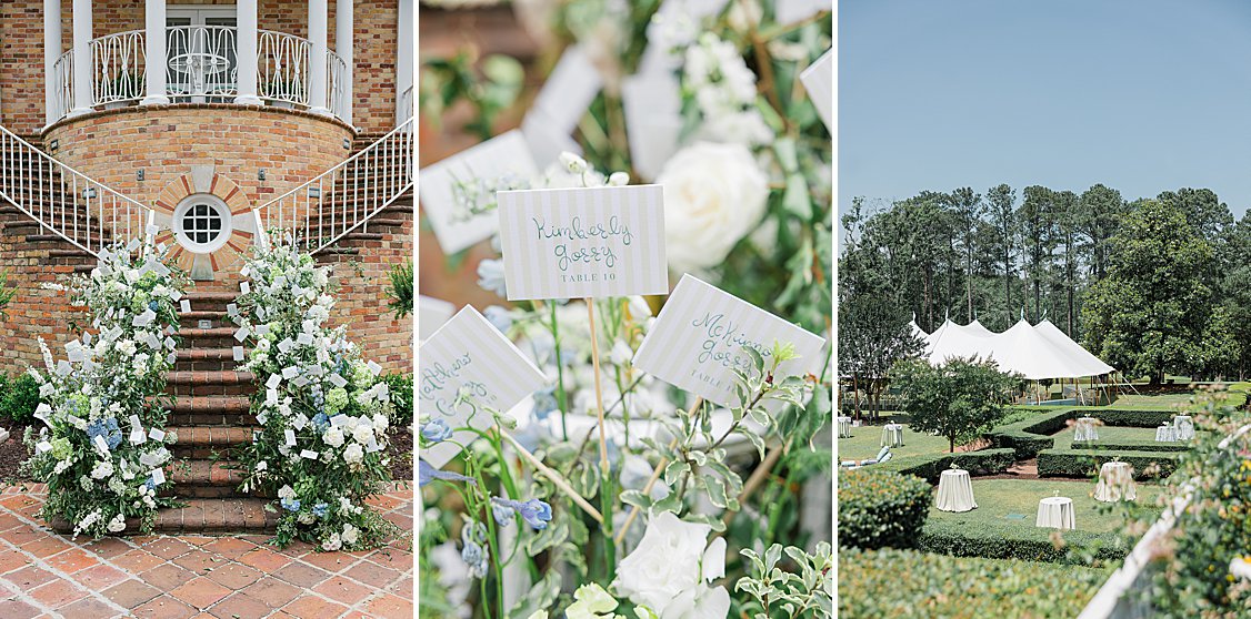 Blue and green floral sail cloth tent reception with custom bar.