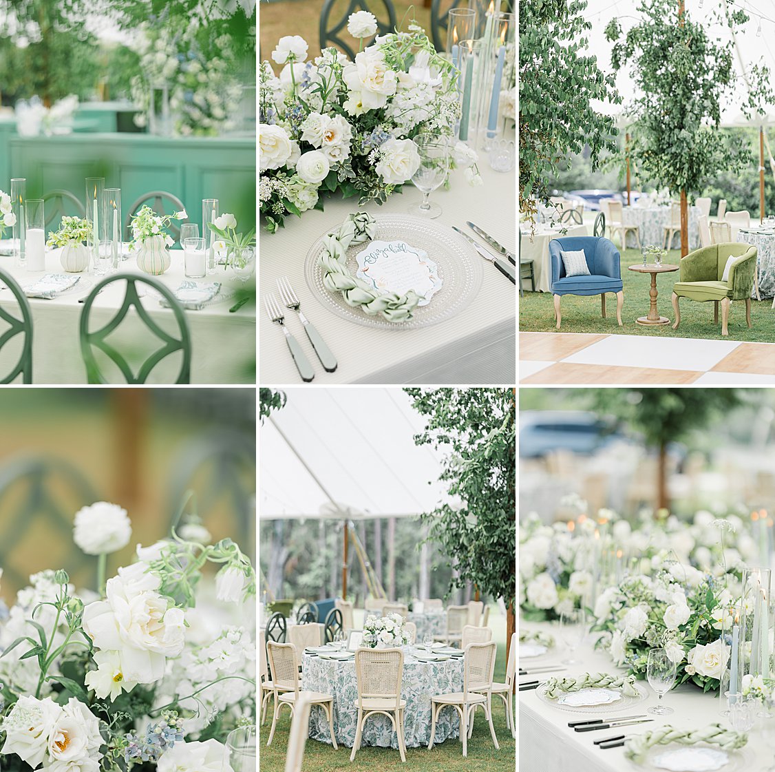 Blue and green floral sail cloth tent reception with custom bar.
