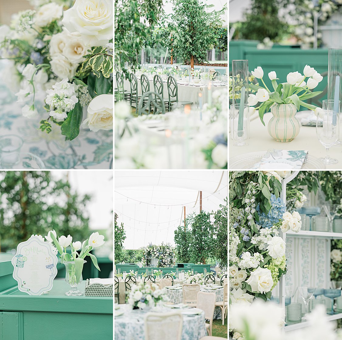 Blue and green floral sail cloth tent reception with custom bar.
