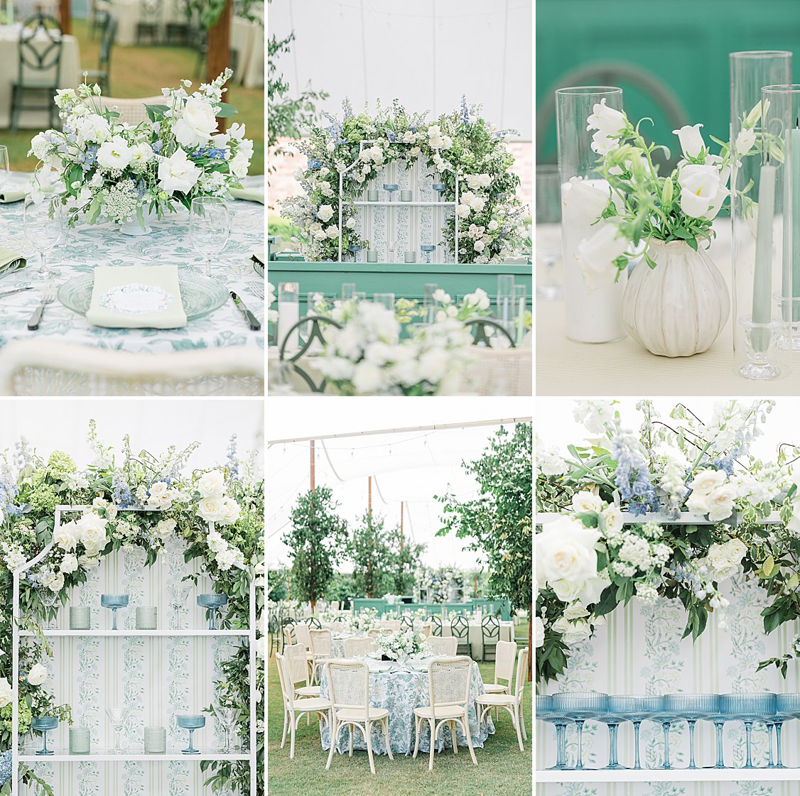 Blue and green floral sail cloth tent reception with custom bar.