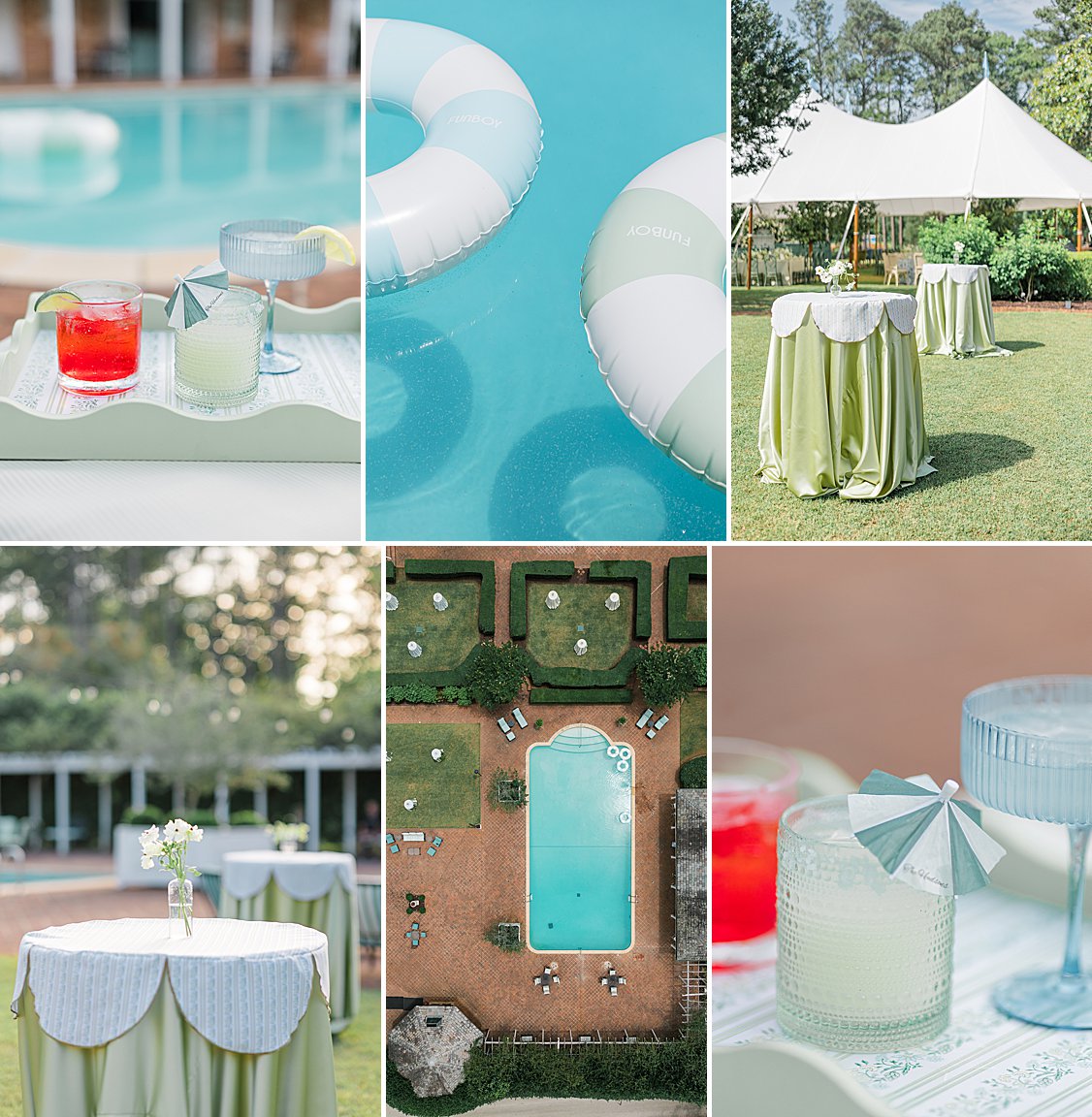 Blue and green floral sail cloth tent reception with custom bar.