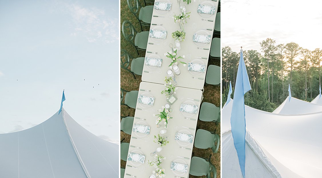 Blue and green floral sail cloth tent reception with custom bar.
