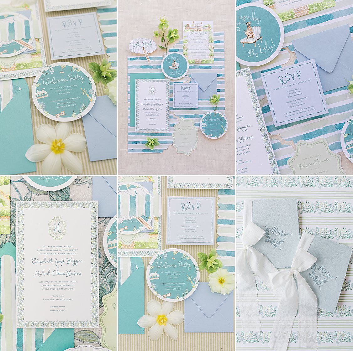 Custom invitation suite. Blue and green stripes