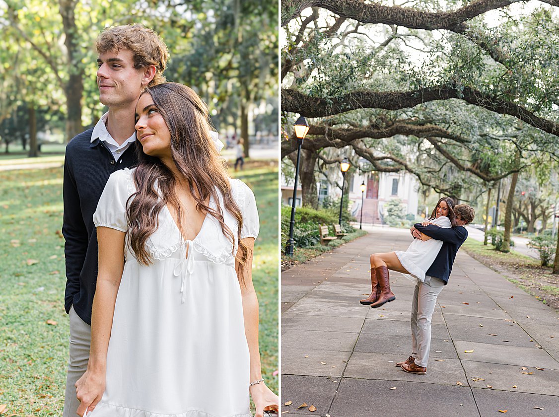 Savannah engagement session beneath the oak trees in Forsyth Park