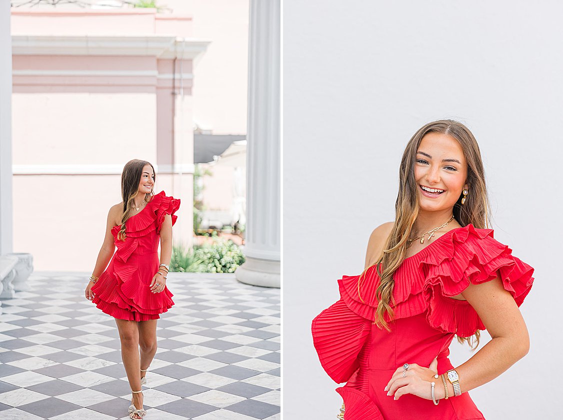 Senior portrait of Lauren walking down historic Broad Street in Charleston, SC, showing her personality and style.