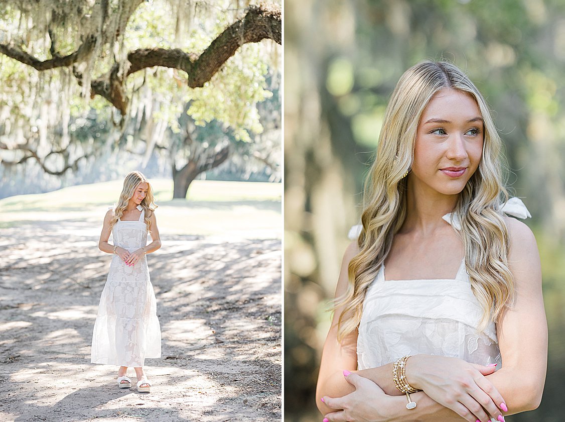 Senior portrait of Brooke at Middleton Place gardens in Charleston, SC with historic architecture and lush greenery in the background