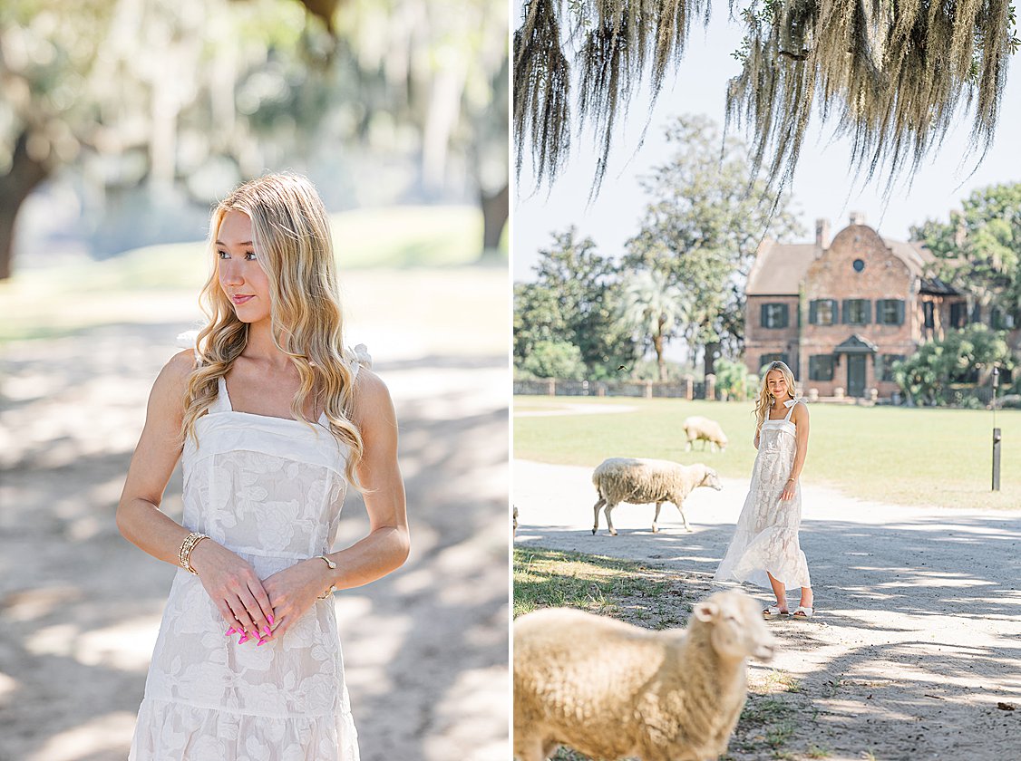 Brooke smiling near grazing sheep at Middleton Place, Charleston, capturing a unique and charming moment in her senior session.