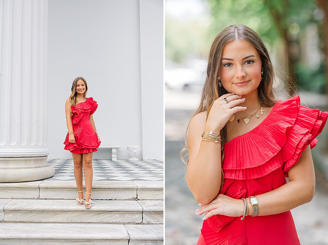 Senior portrait of Lauren walking down historic Broad Street in Charleston, SC, showing her personality and style.
