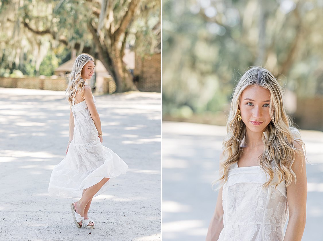 Senior portrait of Brooke at Middleton Place gardens in Charleston, SC with historic architecture and lush greenery in the background