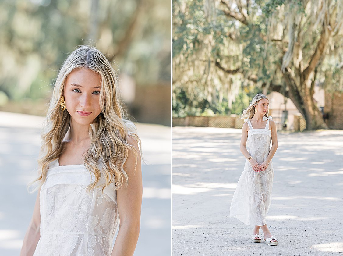 Senior portrait of Brooke at Middleton Place gardens in Charleston, SC with historic architecture and lush greenery in the background