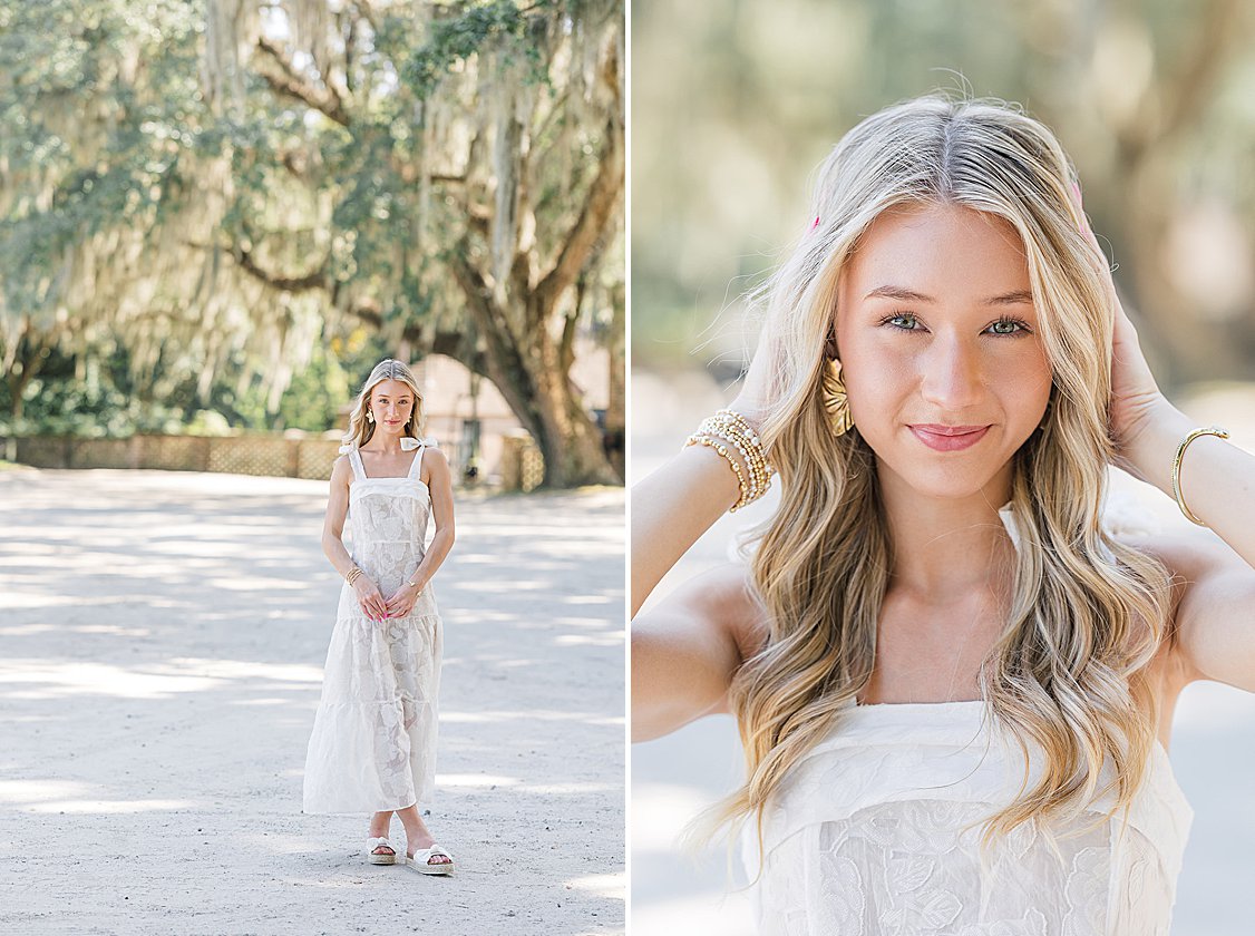 Senior portrait of Brooke at Middleton Place gardens in Charleston, SC with historic architecture and lush greenery in the background