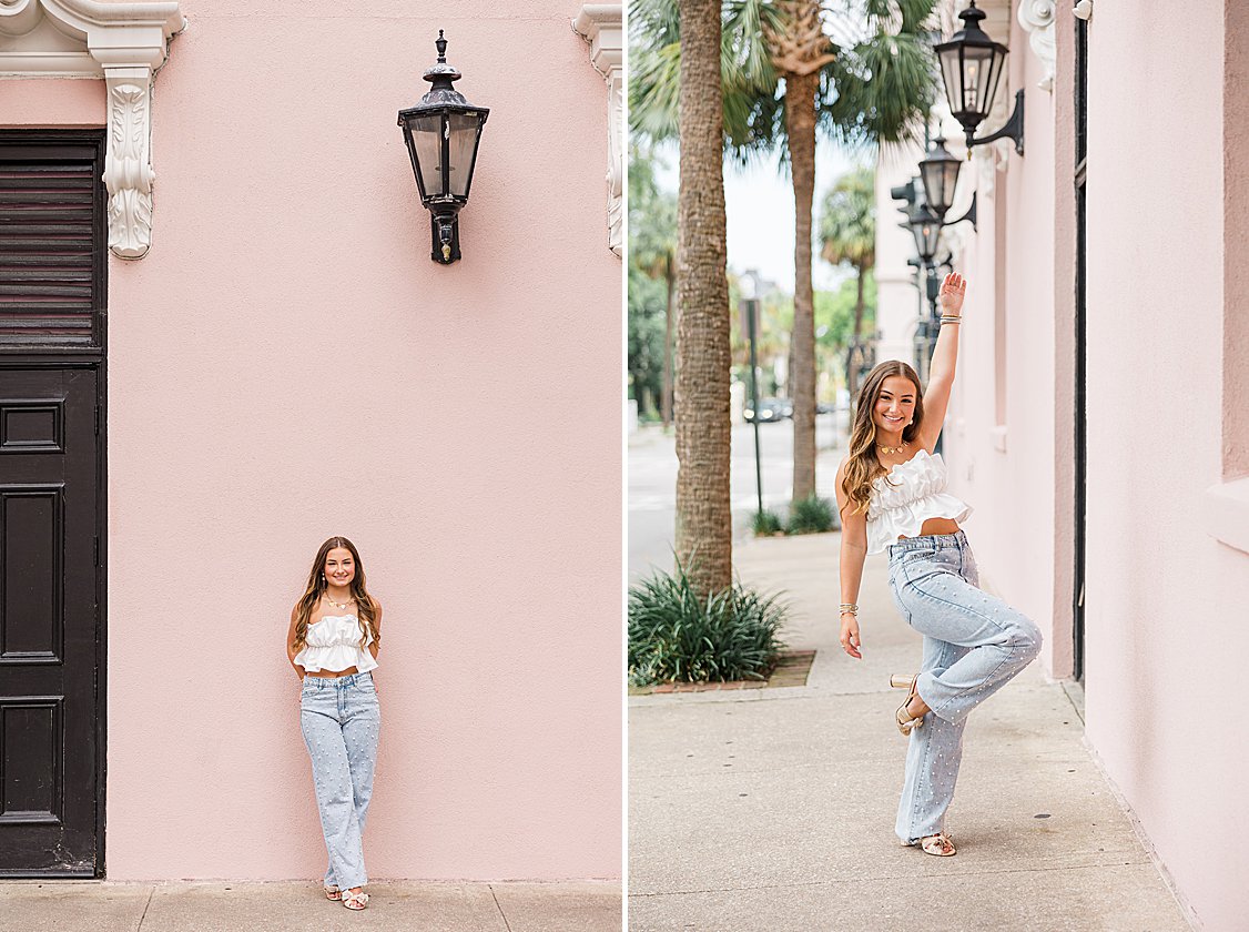 Lauren posing in stylish outfit at outside the Mills House in downtown Charleston, South Carolina.
