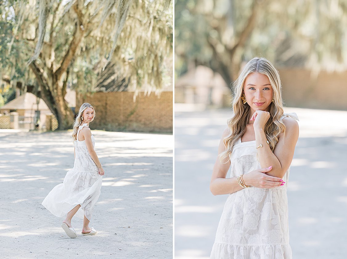 Senior portrait of Brooke at Middleton Place gardens in Charleston, SC with historic architecture and lush greenery in the background