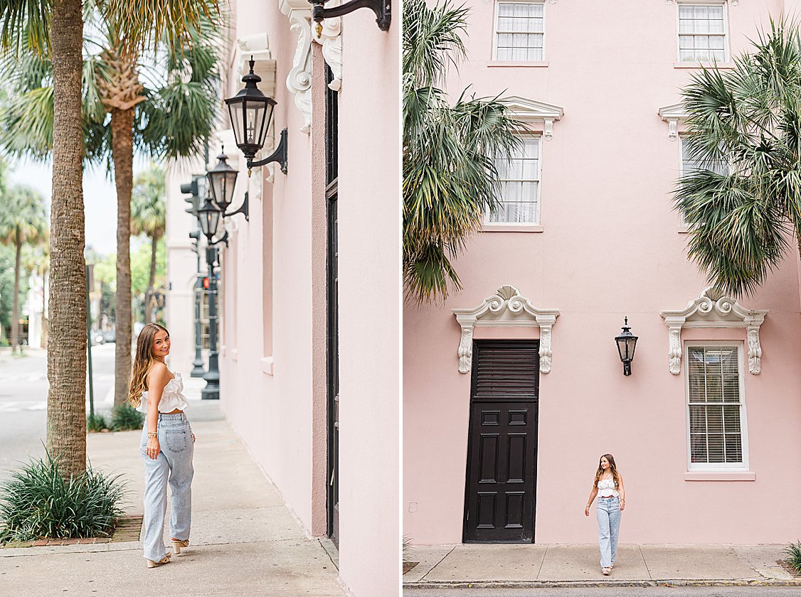 Lauren posing in stylish outfit at outside the Mills House in downtown Charleston, South Carolina.