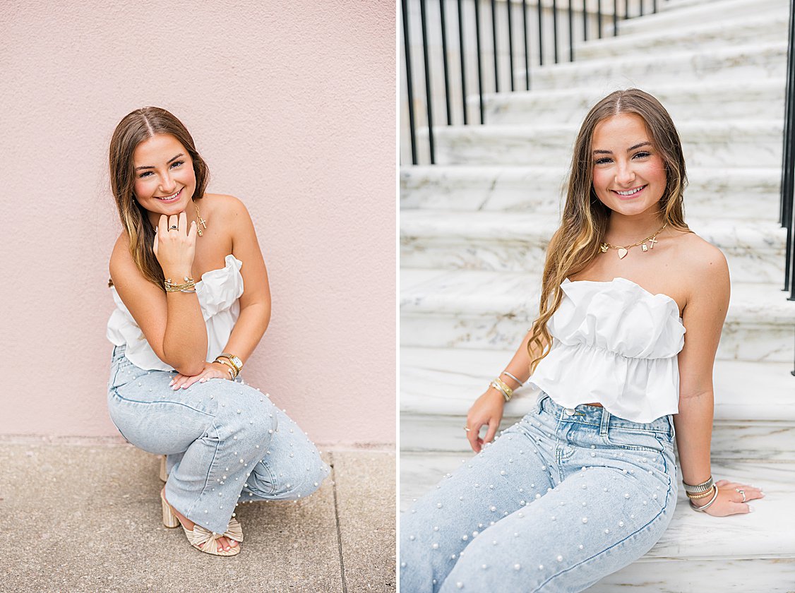 Lauren posing in stylish outfit at outside the Mills House in downtown Charleston, South Carolina.