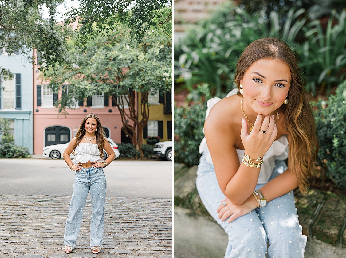Lauren smiling in front of colorful historic homes on Rainbow Row in Charleston, South Carolina