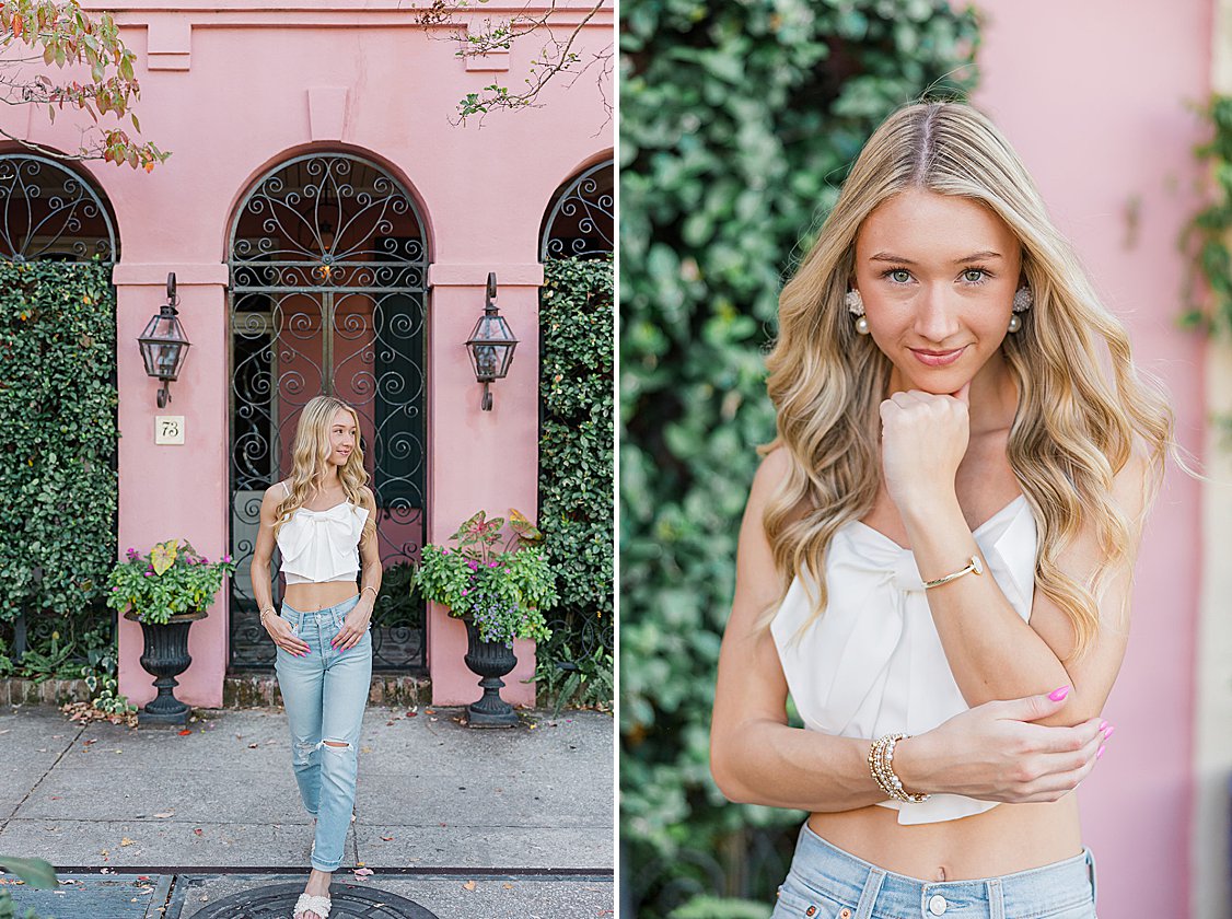 Brooke’s senior portrait in front of the colorful historic homes of Rainbow Row in downtown Charleston, SC.