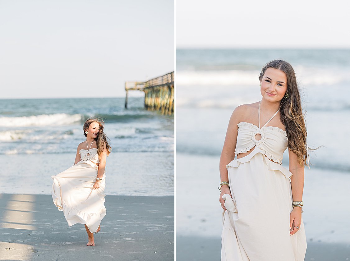 Lauren’s senior session on Isle of Palms beach, Charleston, SC, with sand, waves, and sunset light.
