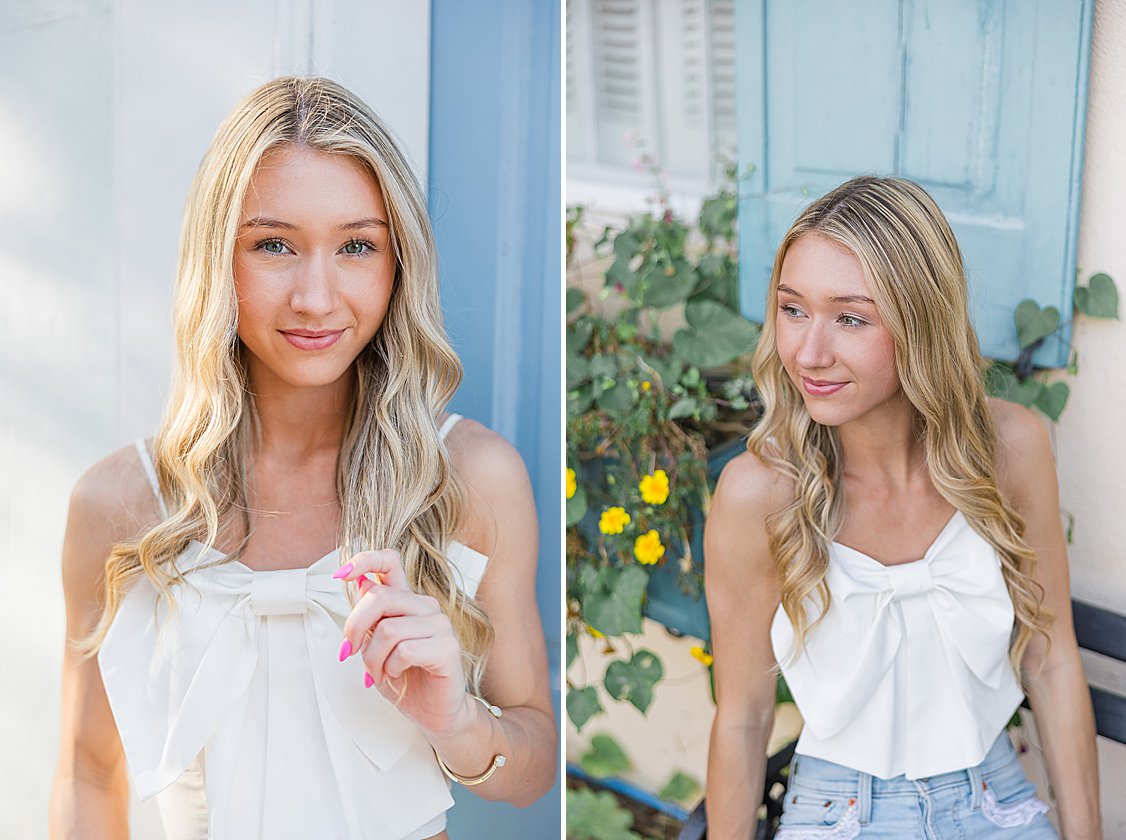 Brooke’s senior portrait in front of the colorful historic homes of Rainbow Row in downtown Charleston, SC.