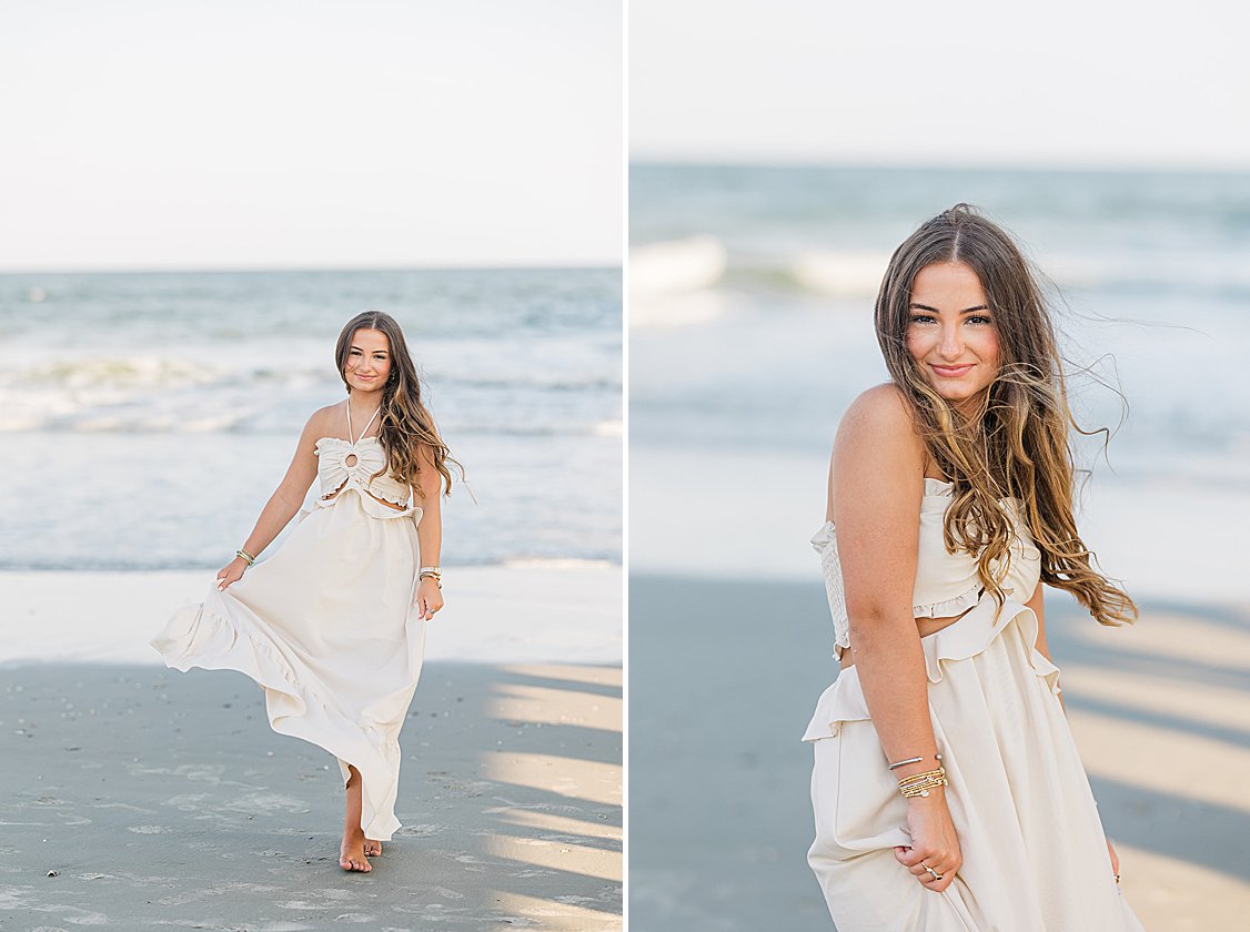 Lauren’s senior session on Isle of Palms beach, Charleston, SC, with sand, waves, and sunset light.