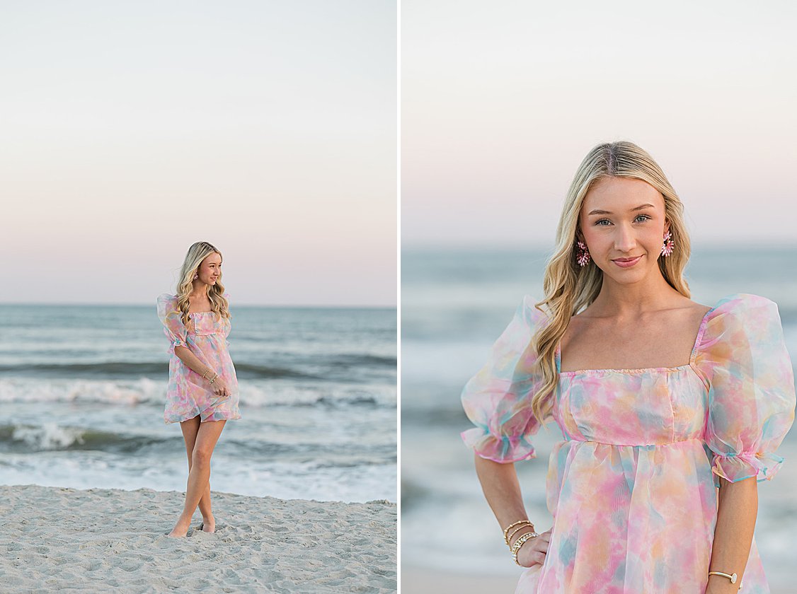 Senior portrait of Brooke at Isle of Palms beach with a vibrant cotton candy sunset, creating a dreamy coastal backdrop.