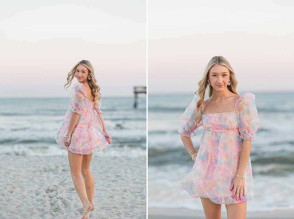 Senior portrait of Brooke at Isle of Palms beach with a vibrant cotton candy sunset, creating a dreamy coastal backdrop.