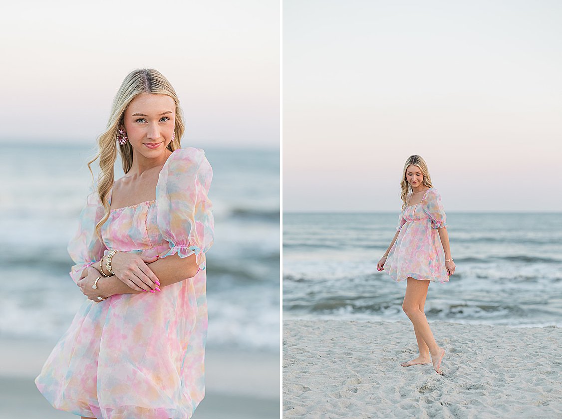 Brooke enjoying the final moments of her senior session at Isle of Palms beach with pink and blue sunset sky.
