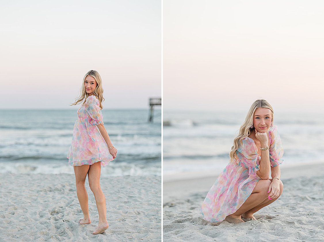 Brooke enjoying the final moments of her senior session at Isle of Palms beach with pink and blue sunset sky.