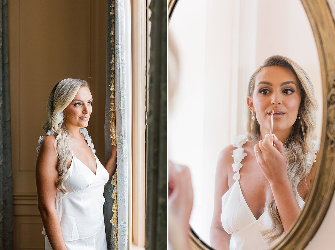 Bride getting ready in natural window light at Lowndes Grove in Charleston, South Carolina