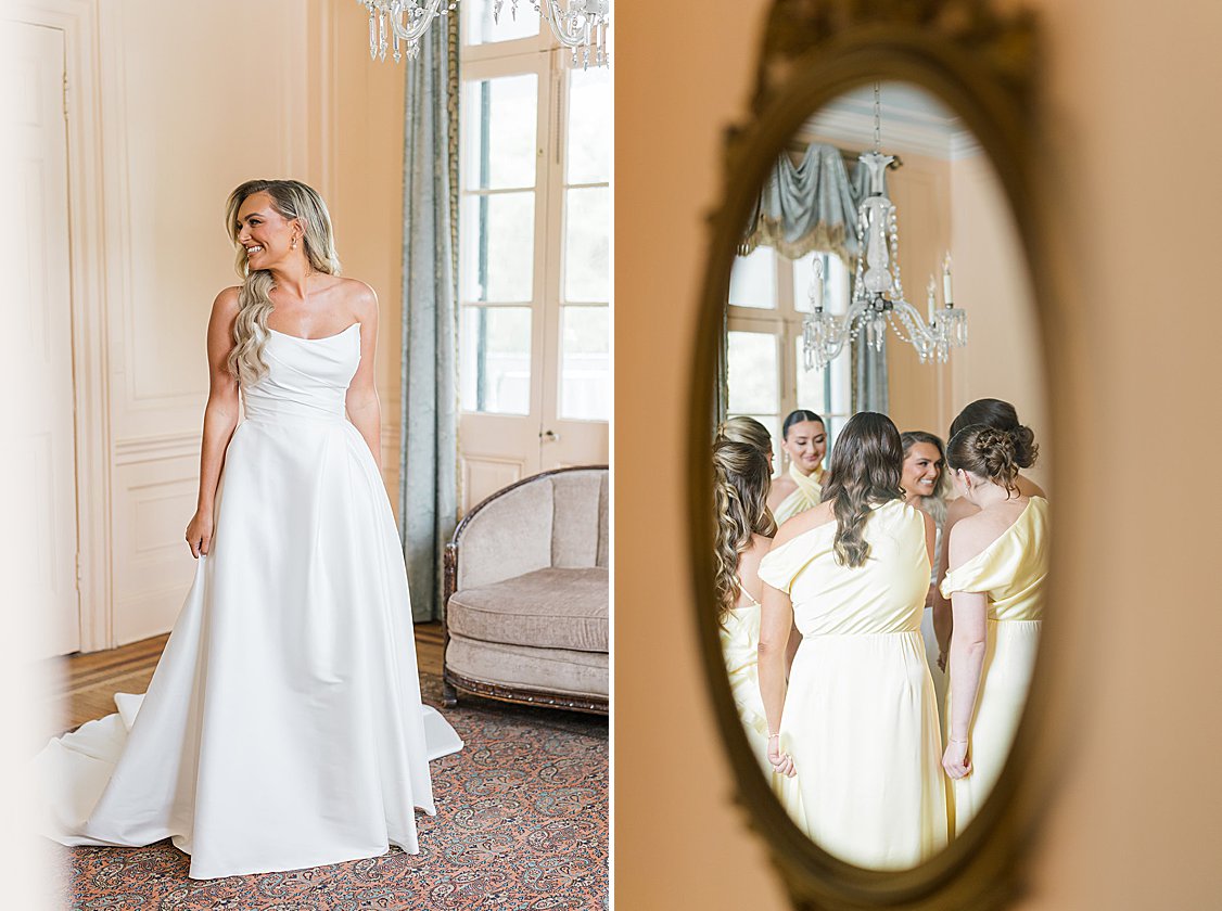 Bridesmaids reacting to bride in gown at Lowndes Grove wedding in Charleston SC