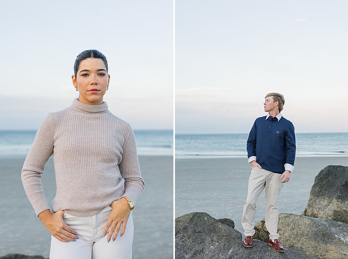Couple walking hand in hand along Tybee Island beach at sunset, dressed in soft coastal chic attire.