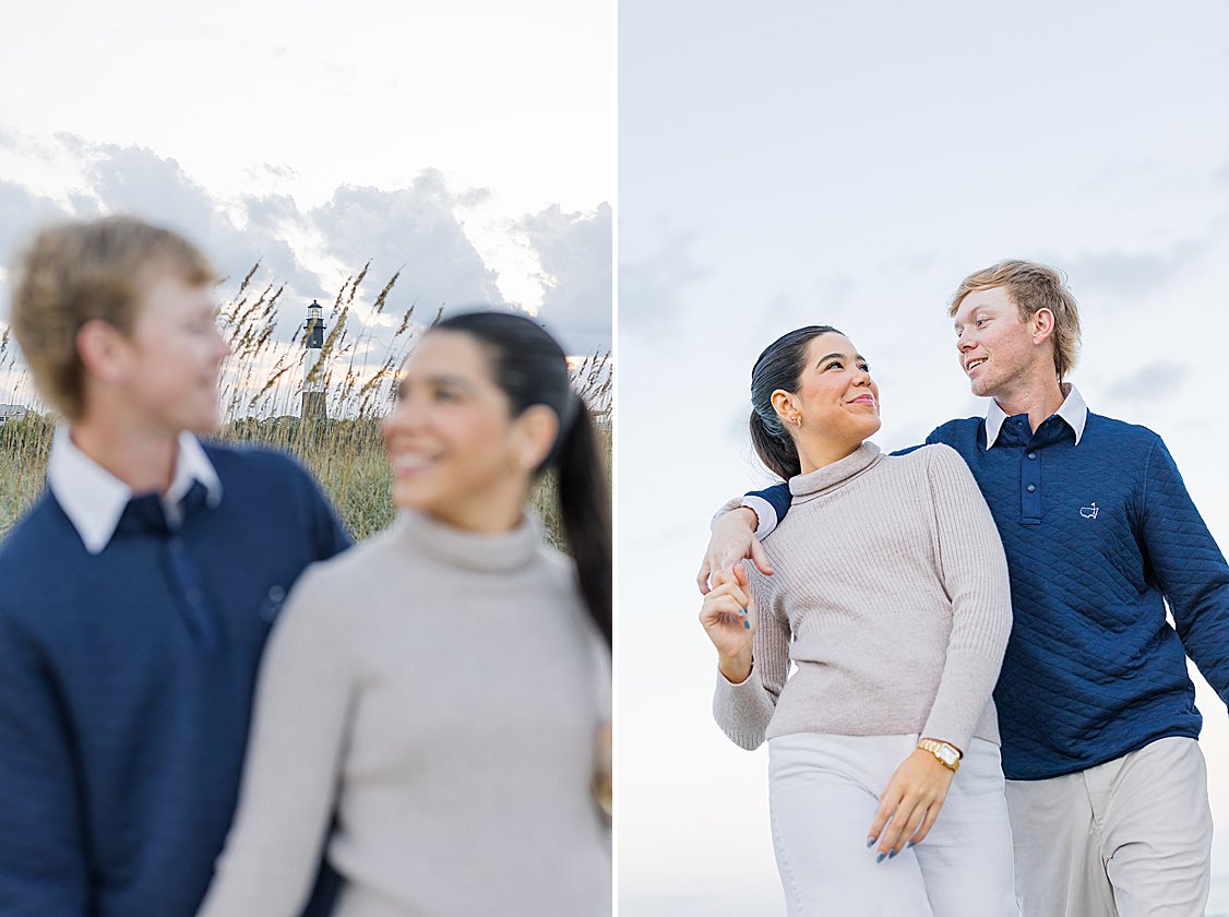 Couple walking hand in hand along Tybee Island beach at sunset, dressed in soft coastal chic attire.