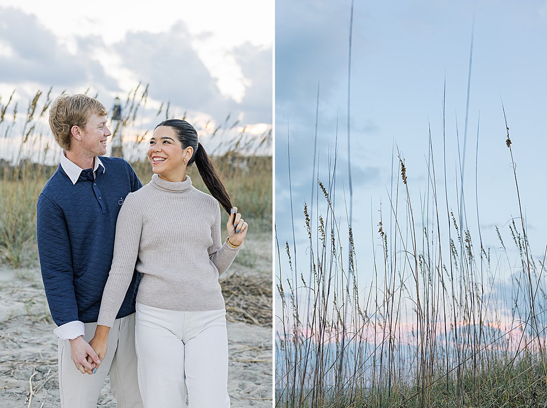 Couple walking hand in hand along Tybee Island beach at sunset, dressed in soft coastal chic attire.