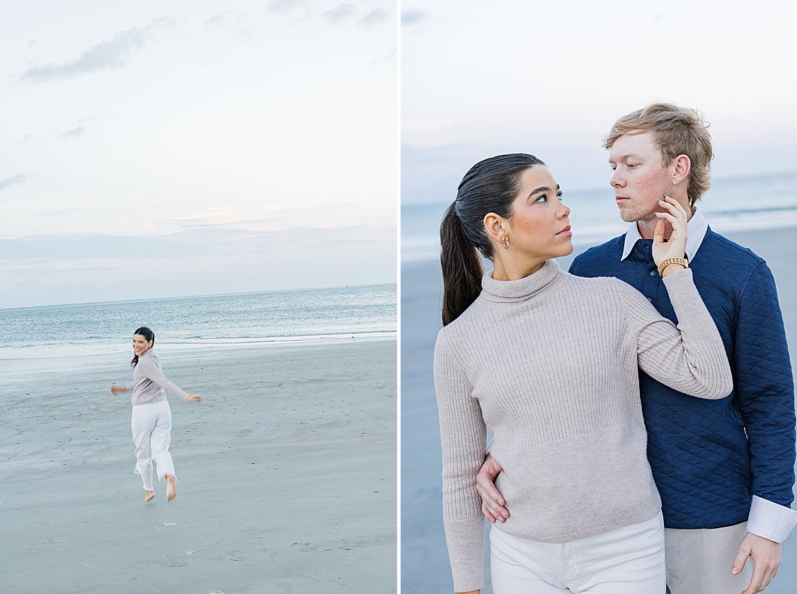 Couple walking hand in hand along Tybee Island beach at sunset, dressed in soft coastal chic attire.