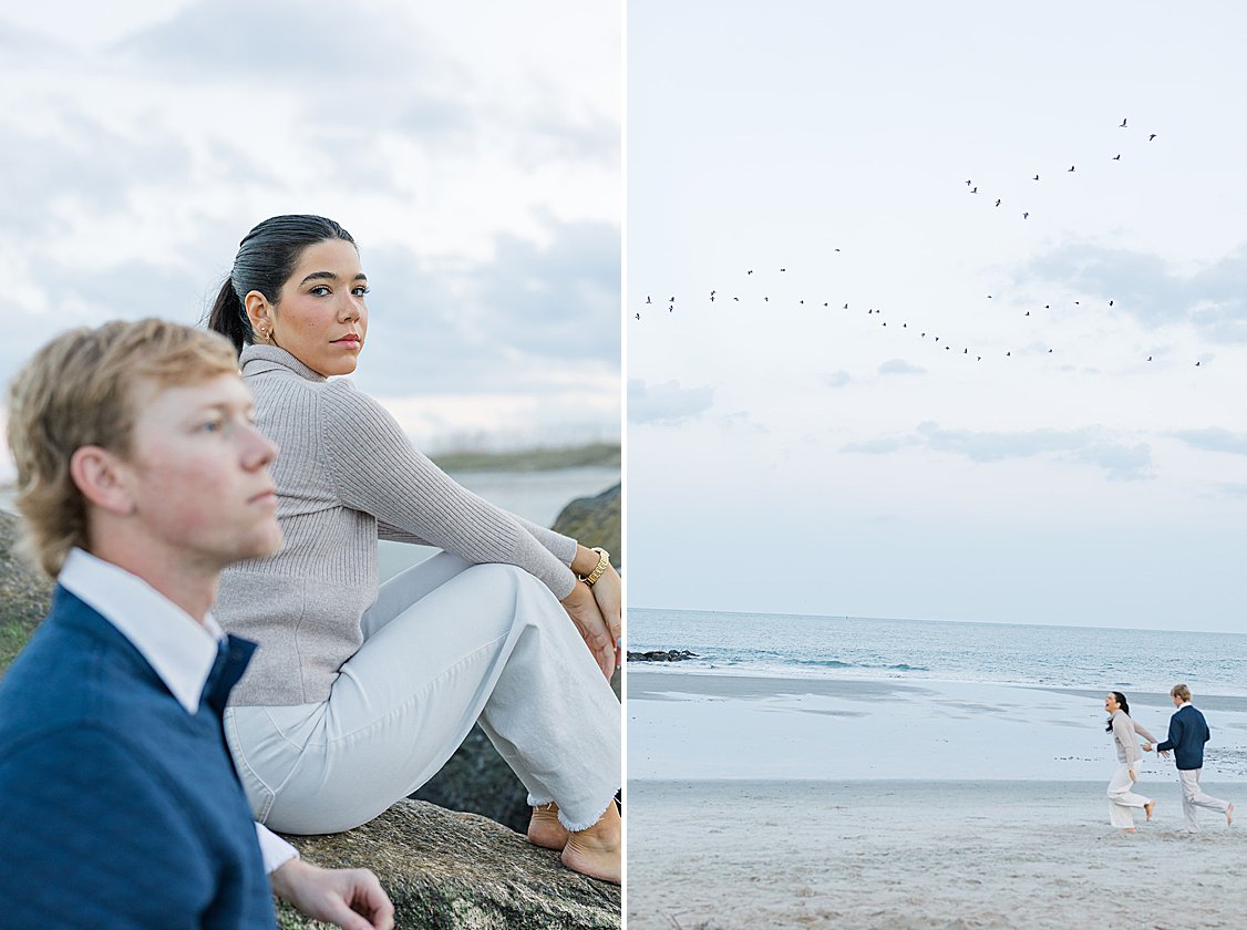 Couple walking hand in hand along Tybee Island beach at sunset, dressed in soft coastal chic attire.