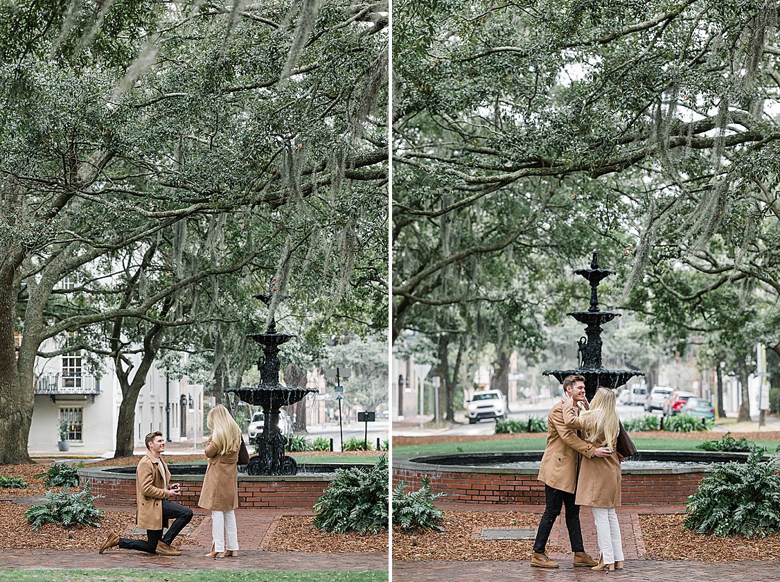 Sydney reacting with joy as Trevor gets down on one knee during their snowy proposal