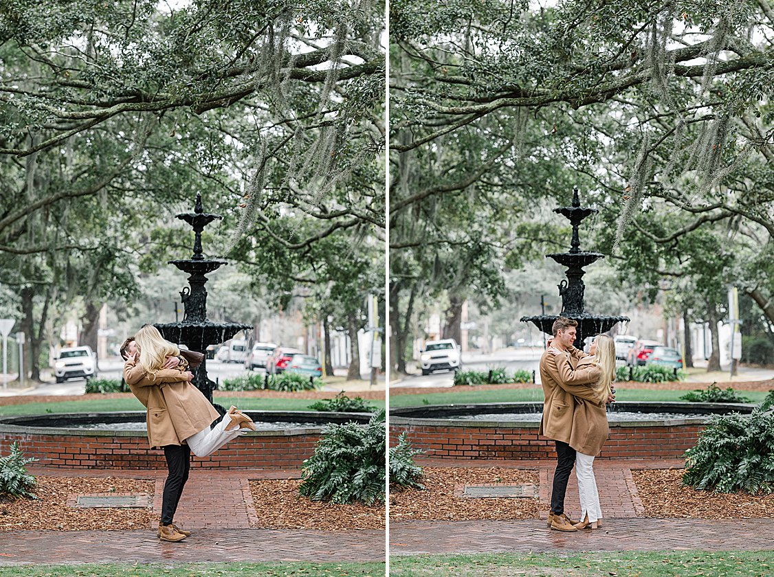 Sydney reacting with joy as Trevor gets down on one knee during their snowy proposal