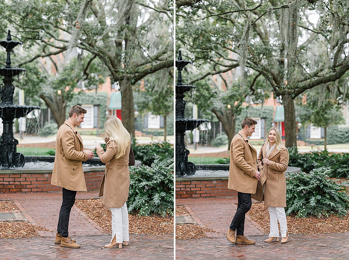 Sydney reacting with joy as Trevor gets down on one knee during their snowy proposal