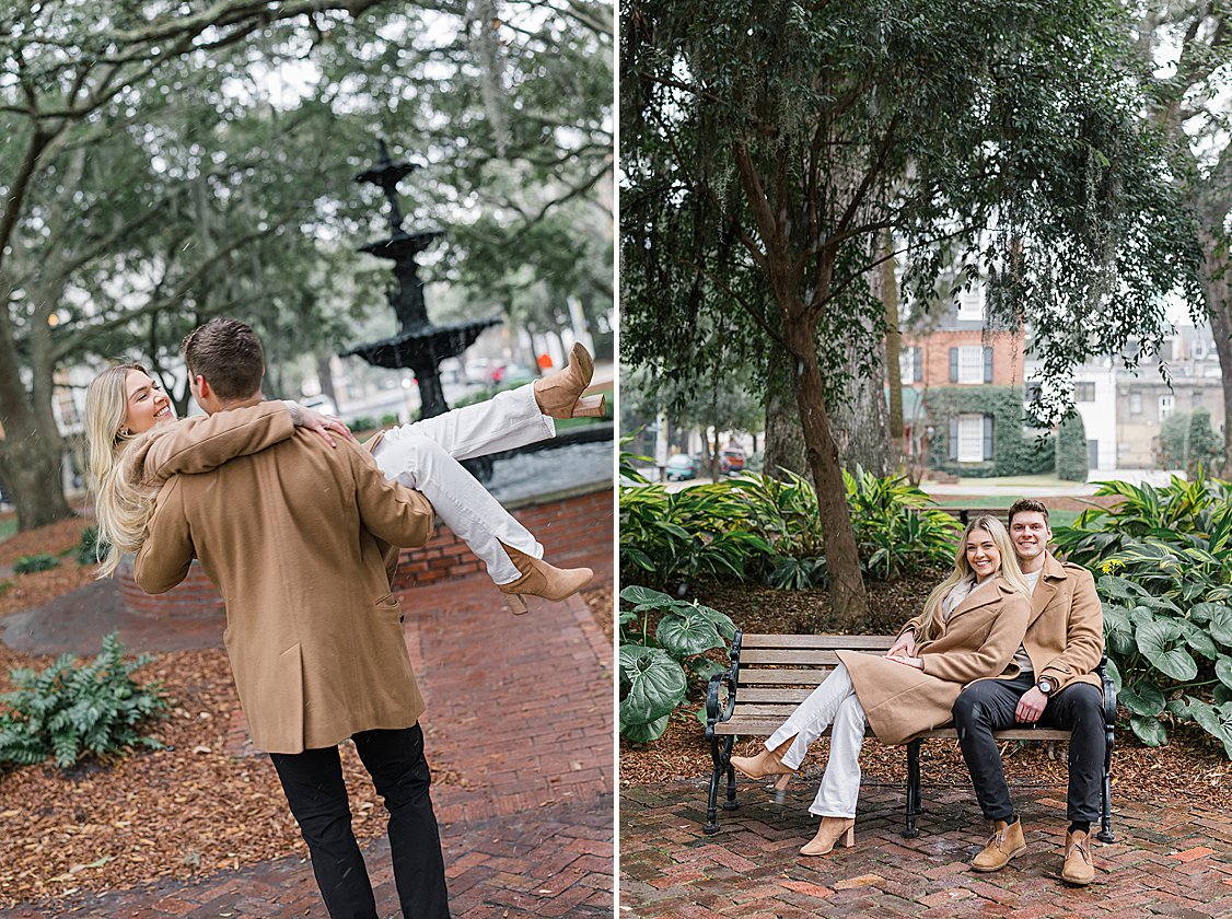 Couple hugging and laughing in the snow after engagement in Lafayette Square, Savannah