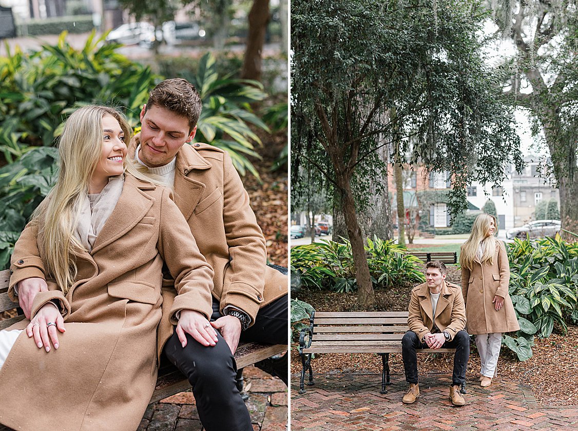Couple hugging and laughing in the snow after engagement in Lafayette Square, Savannah