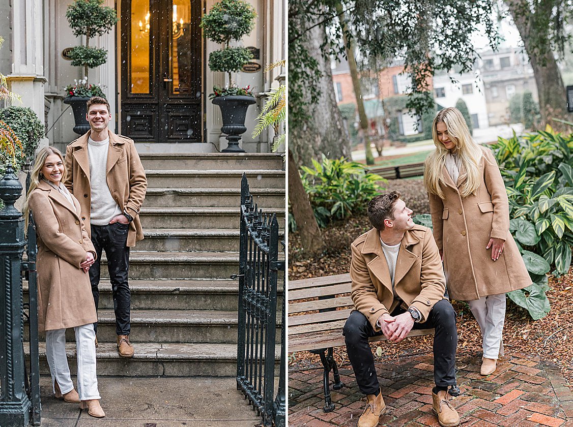 Trevor proposing to Sydney in the snow at Lafayette Square, Savannah, GA