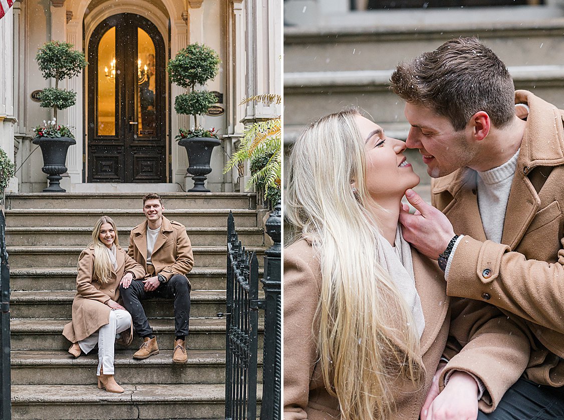 Trevor proposing to Sydney in the snow at Lafayette Square, Savannah, GA