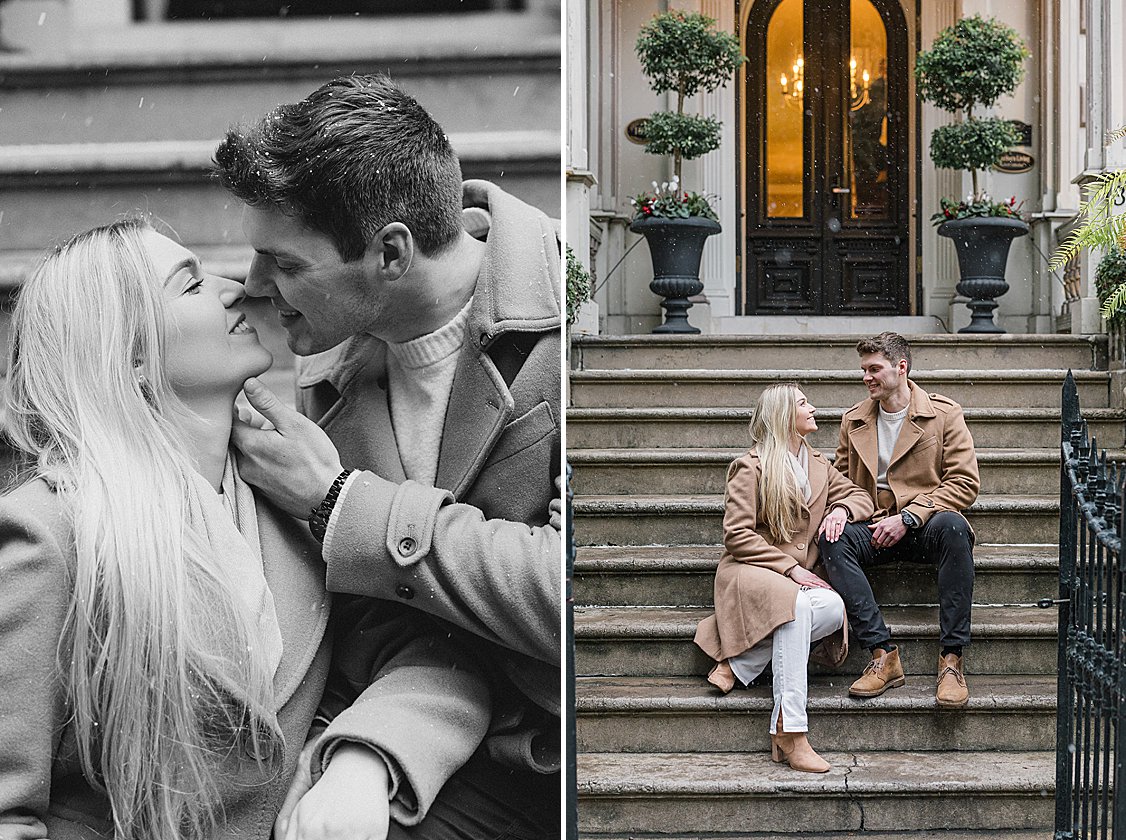 Trevor proposing to Sydney in the snow at Lafayette Square, Savannah, GA
