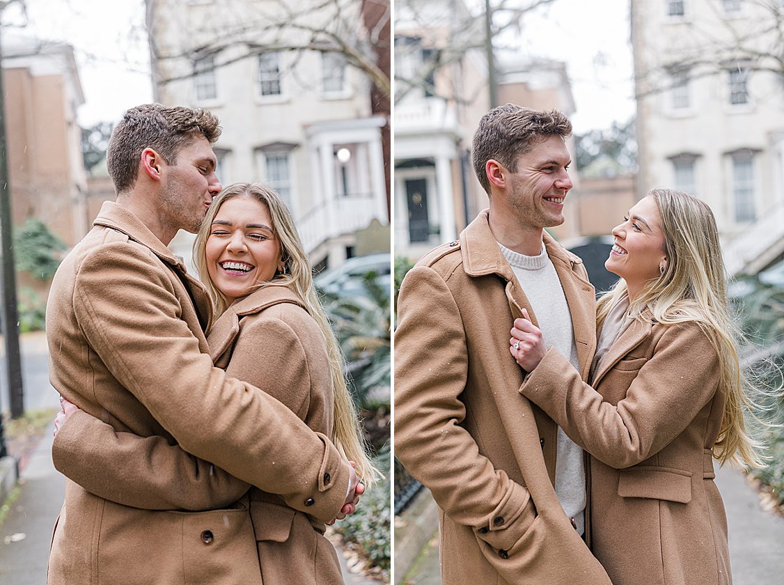 Trevor proposing to Sydney in the snow at Lafayette Square, Savannah, GA