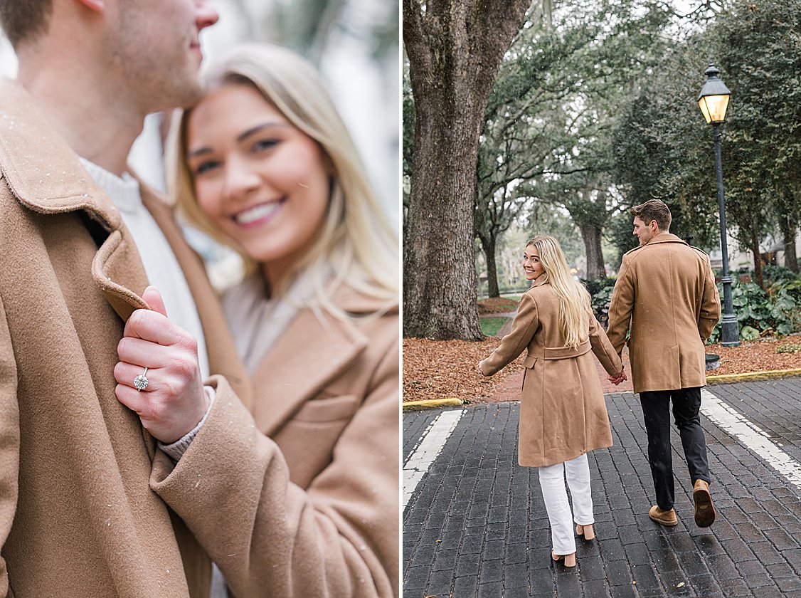 Trevor proposing to Sydney in the snow at Lafayette Square, Savannah, GA