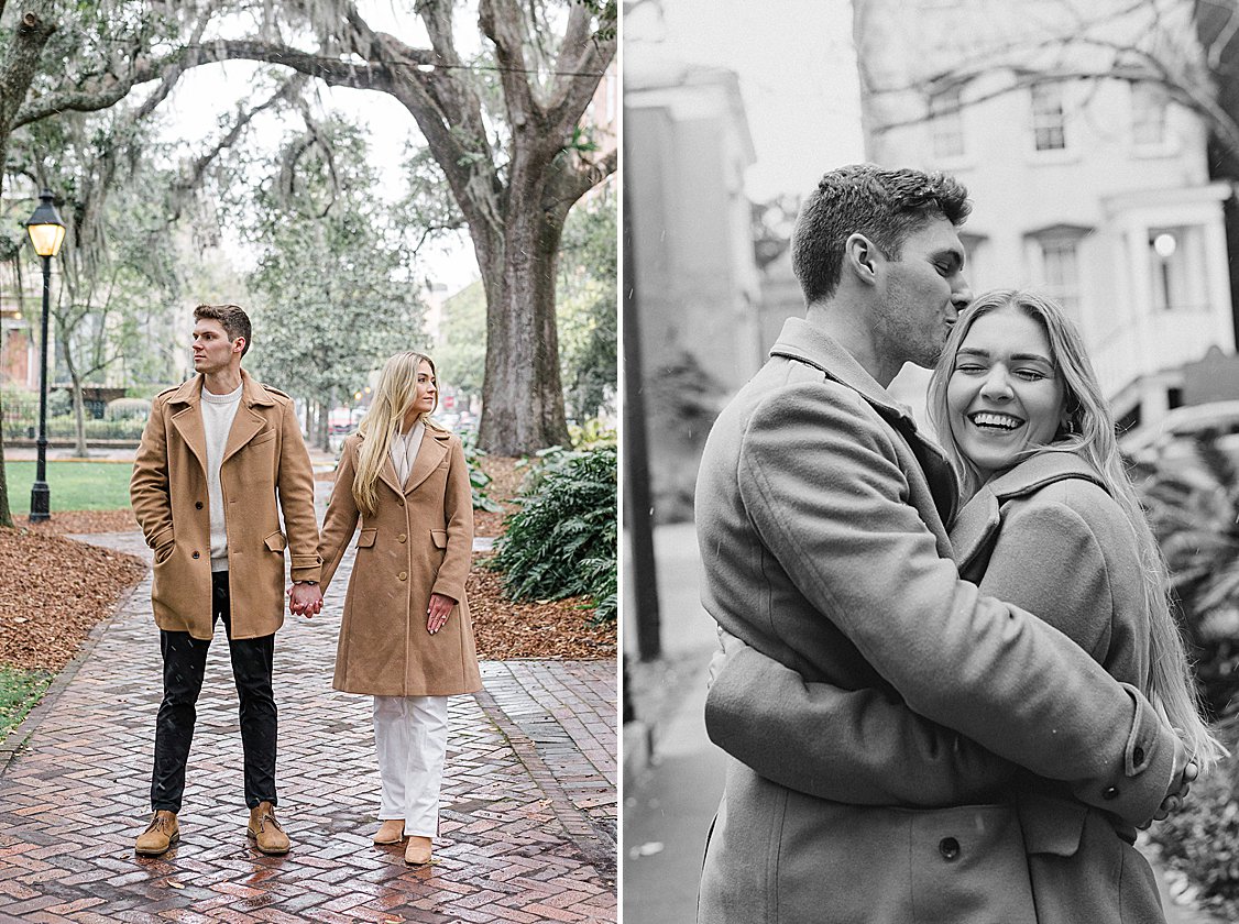Trevor proposing to Sydney in the snow at Lafayette Square, Savannah, GA