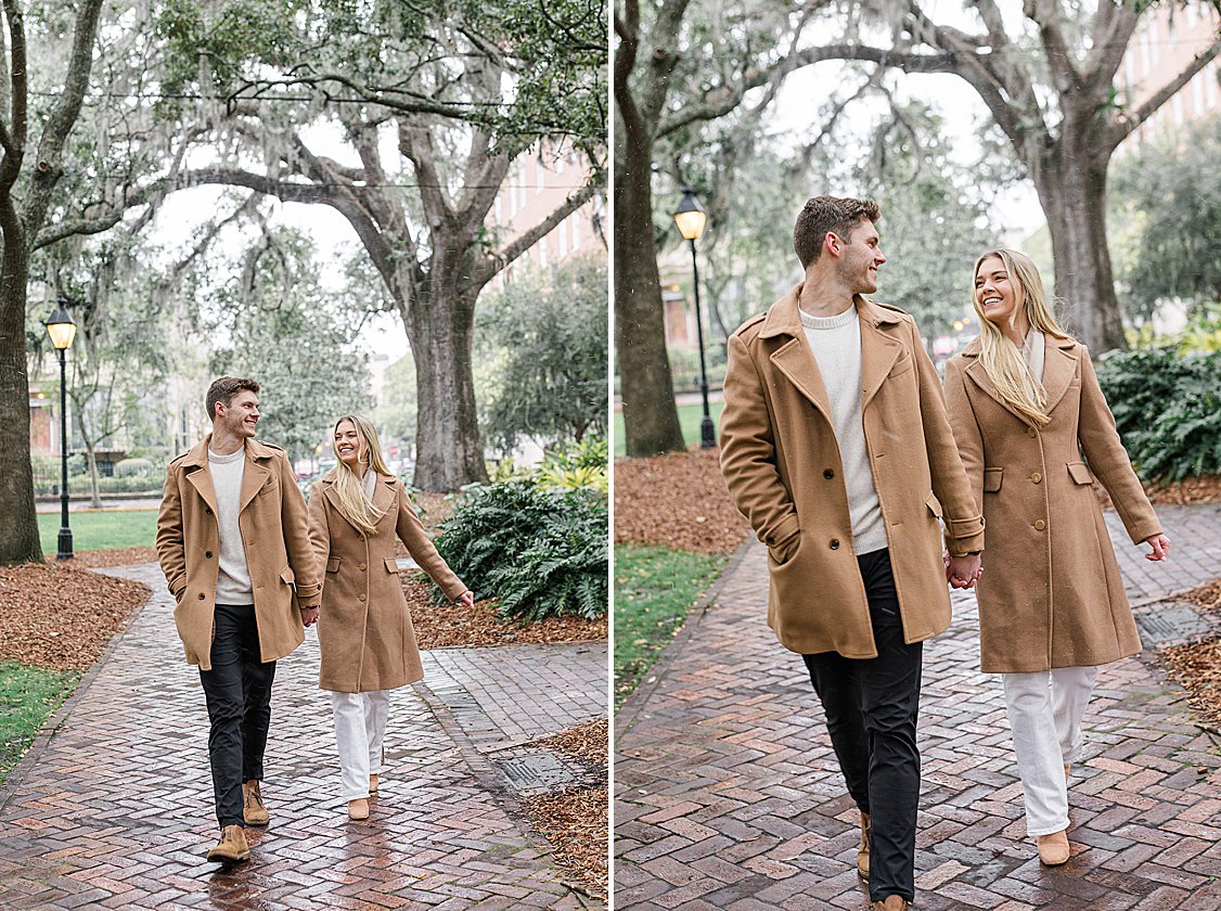 Trevor proposing to Sydney in the snow at Lafayette Square, Savannah, GA