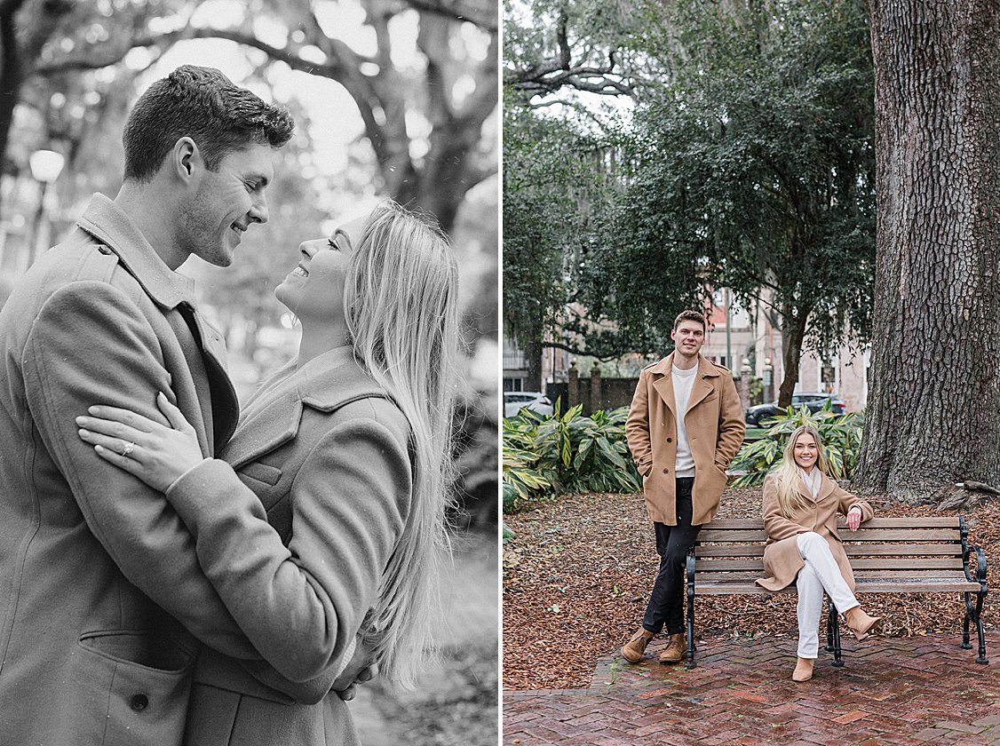 Trevor proposing to Sydney in the snow at Lafayette Square, Savannah, GA