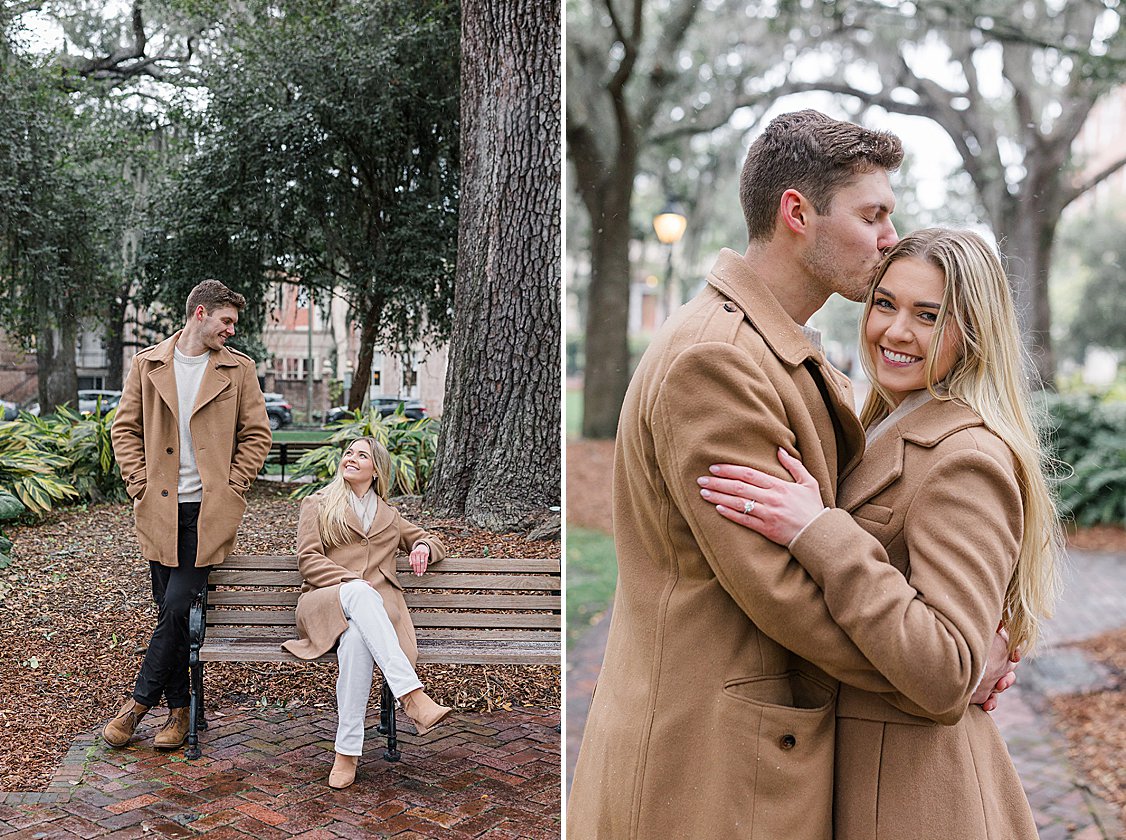 Trevor proposing to Sydney in the snow at Lafayette Square, Savannah, GA